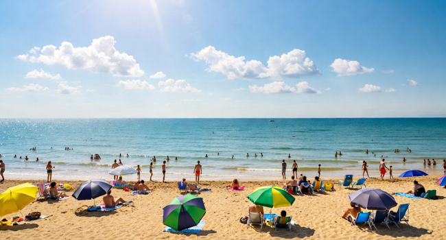 Soggiorni linguistici in Inghilterra Bournemouth con LISA! – spiaggia, mare e tempo libero rilassante Spiaggia a Bournemouth Inghilterra con ombrelloni e mare durante un soggiorno linguistico LISA! per adulti
