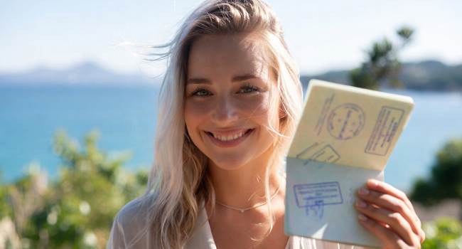 Visto per un soggiorno linguistico LISA! – donna con passaporto con timbro del visto Visto per un soggiorno linguistico LISA! – donna con passaporto con timbro del visto