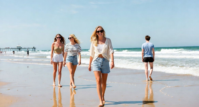 Soggiorni linguistici in Inghilterra Bournemouth con LISA! – passeggiata in spiaggia, mare e atmosfera rilassata Giovani adulti camminano sulla spiaggia a Bournemouth Inghilterra durante un soggiorno linguistico LISA! sul mare