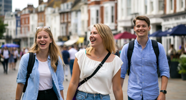 Partecipanti adulti passeggiano per la città di Brighton durante un soggiorno linguistico LISA! in Inghilterra