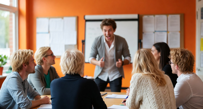  Partecipanti adulti in una lezione di inglese durante un soggiorno linguistico LISA! in Inghilterra Brighton in aula