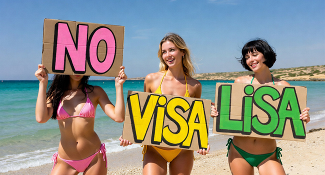 Tre studentesse sulla spiaggia tengono un cartello “No Visa” durante un soggiorno linguistico LISA! a Malta