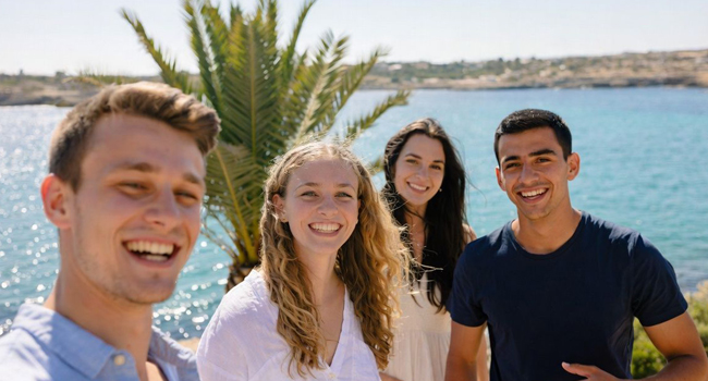 Soggiorni linguistici per adulti a Malta con LISA! – partecipanti internazionali vicino al mare Partecipanti adulti vicino al mare a Malta durante un soggiorno linguistico LISA! in gruppo internazionale