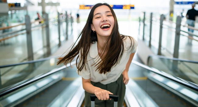Congedo formativo Osaka Giappone con LISA! – imparare il giapponese e viaggiare senza stress Giovane con valigia in aeroporto durante un congedo formativo LISA! entusiasta di partire per Osaka per imparare il giapponese
