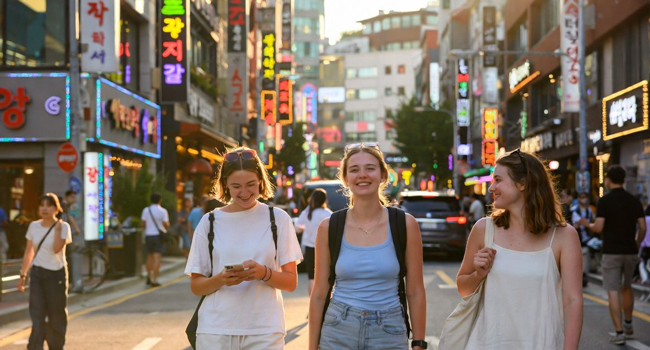 Giovani adulti esplorano Seoul la sera durante un soggiorno linguistico LISA! godono della vita cittadina e del tempo libero
