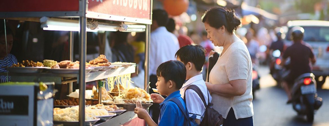 Soggiorni linguistici in Thailandia Bangkok con LISA! – street food, cultura e vita quotidiana Famiglia con bambini in una bancarella di street food a Bangkok Thailandia durante un soggiorno linguistico LISA! scopre la cucina locale