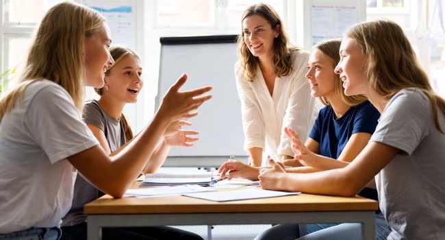 Soggiorni linguistici in Inghilterra Bournemouth Park con LISA! – corso di lingua, lezioni e apprendimento attivo Lezione di inglese per studentesse a Bournemouth Park Inghilterra con insegnante in aula durante un soggiorno linguistico LISA!
