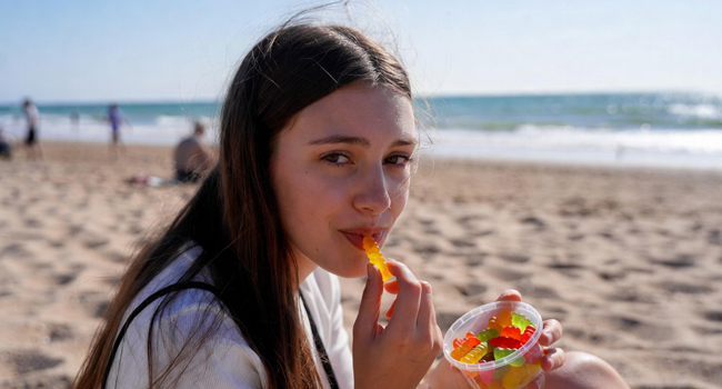Soggiorni linguistici in Inghilterra Bournemouth con LISA! – spiaggia, tempo libero e piccoli piaceri Studentessa sulla spiaggia a Bournemouth Inghilterra durante un soggiorno linguistico LISA! gusta dolci al mare