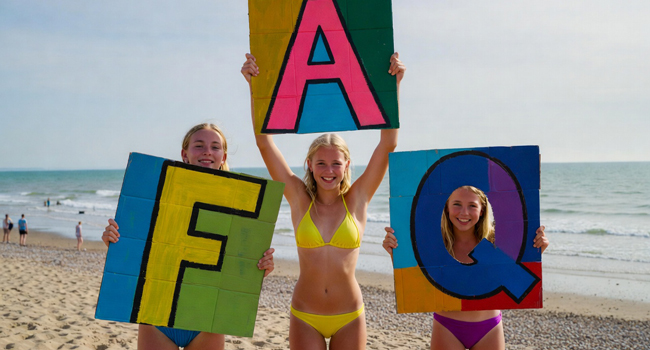 FAQ sui soggiorni linguistici per studenti in Inghilterra Brighton con LISA! – studentesse con lettere sul mare Tre studentesse sulla spiaggia di Brighton tengono grandi lettere FAQ durante un soggiorno linguistico LISA! per studenti in Inghilterra