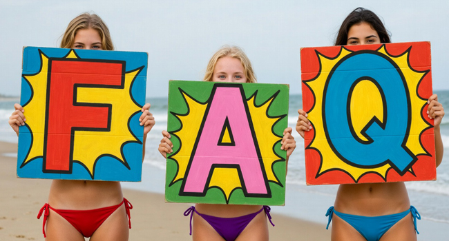 FAQ soggiorni linguistici LISA! – risposte alle domande frequenti Tre studentesse sulla spiaggia a Eastbourne tengono cartelli FAQ durante un soggiorno linguistico LISA!