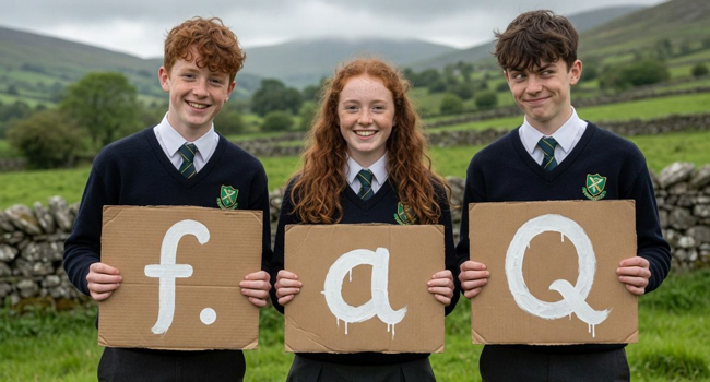 Domande frequenti su una vacanza studio LISA! di inglese a Ennis Studenti con cartelli FAQ durante una vacanza studio LISA! di inglese a Ennis, Irlanda