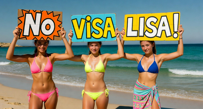 Nessun visto per Malta con LISA! soggiorni linguistici – studentesse con cartelli sulla spiaggia Tre studentesse sulla spiaggia a Malta tengono cartelli “No Visa LISA!” durante un soggiorno linguistico LISA! per studenti