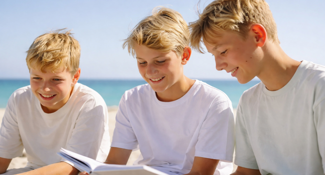 Soggiorni linguistici per studenti a Malta con LISA! – imparare l’inglese insieme in spiaggia Tre studenti che studiano insieme vicino al mare durante un soggiorno linguistico LISA! per studenti a Malta