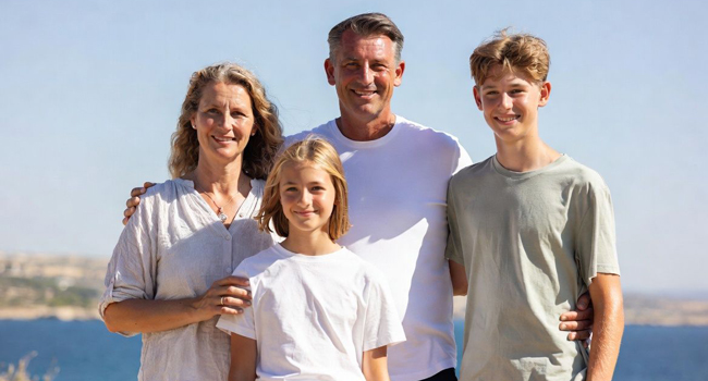 Famiglia durante un soggiorno linguistico a Malta a Salina Beach davanti al mare