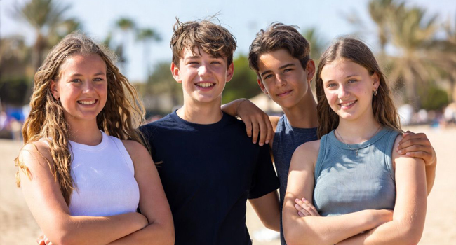 Prenotazione di un soggiorno linguistico di inglese LISA! per studenti a Malta San Gwann Quattro adolescenti in amicizia sulla spiaggia durante un soggiorno linguistico a Malta San Gwann