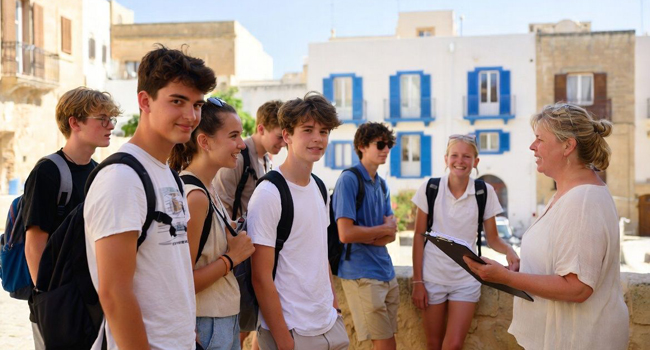 Soggiorni linguistici per studenti a Malta con LISA! – supervisione ed escursioni di gruppo Gruppo di studenti con accompagnatrice durante un soggiorno linguistico LISA! per studenti a Malta durante una visita in città
