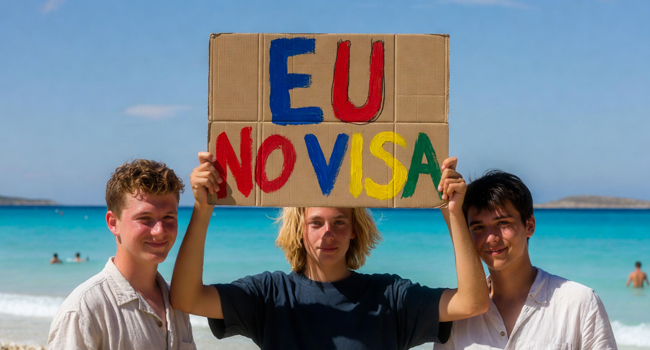 Soggiorni linguistici di inglese a Malta per studenti senza visto per cittadini UE Tre studenti di un soggiorno linguistico di inglese a Malta tengono un cartello sulla spiaggia di Sliema sull’ingresso senza visto per i cittadini dell’UE