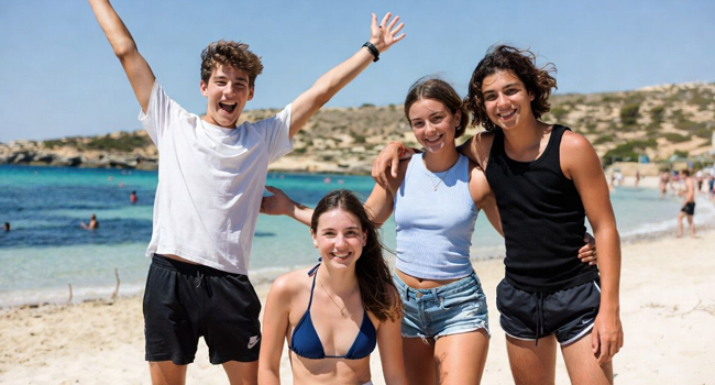 Quattro adolescenti in soggiorno linguistico sulla spiaggia della baia di St. Julian’s Quattro adolescenti in soggiorno linguistico sulla spiaggia della baia di St. Julian’s ragazzo alza le braccia