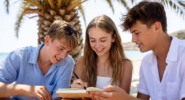 LISA soggiorni linguistici studenti inglese Malta St. Julian’s lezioni spiaggia palma Tre studenti in soggiorni linguistici a Malta St. Julian’s all’aperto vicino a una palma che studiano per le lezioni e il corso di lingua