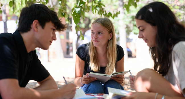 Corsi di spagnolo a Málaga con LISA! – tre studenti che imparano lo spagnolo in un giardino. Tre studenti in un giardino a Málaga che imparano lo spagnolo simboleggiano i corsi di spagnolo a Málaga con LISA!.