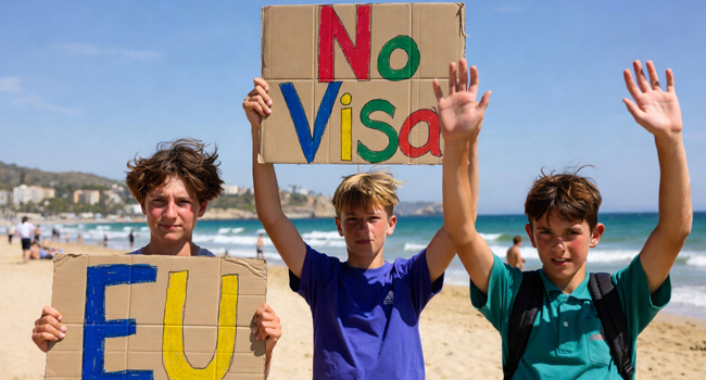 Nessun visto per studenti UE durante un soggiorno linguistico LISA! a Málaga – tre studenti con un cartello sulla spiaggia. Tre studenti sulla spiaggia di Málaga tengono un cartello di cartone con “UE – senza visto” e simboleggiano che non è necessario il visto per gli studenti dell’UE durante un soggiorno linguistico LISA! a Málaga.