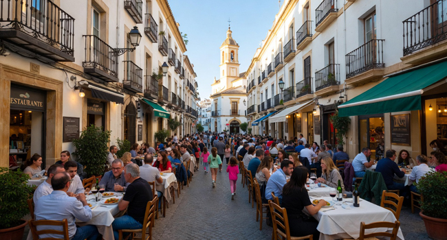 Vedute della città di Málaga con ristoranti nel centro storico e strade vivaci – soggiorni linguistici LISA!. Una vista della città di Málaga con ristoranti nel centro storico e molte persone simboleggia Málaga come destinazione per un soggiorno linguistico LISA!.