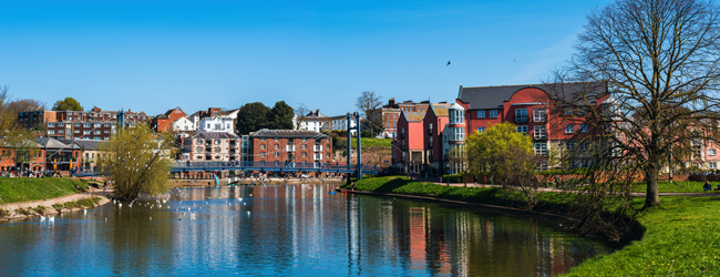 Blick auf die Stadt Exeter vom Fluss aus mit Schwänen und Bäumen am Ufer