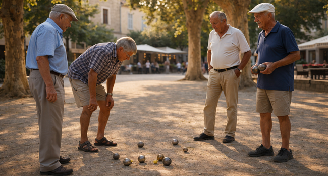 LISA Sprachreisen Erwachsene Franzoesisch lernen Herren spielen Boule in Abendsonne Sprachreisen Französisch Herren spielen Pétanque in Abendsonne