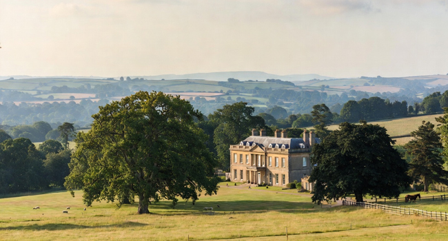 Sprachreisen-England in Landschaft England mit Landgut und Eiche