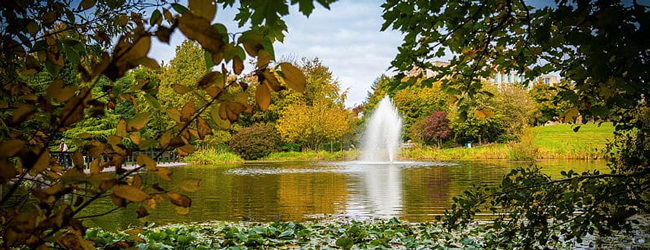 Blick auf einen See mit Wasserfontäne und Bäumen im Park der Universtät in Bath