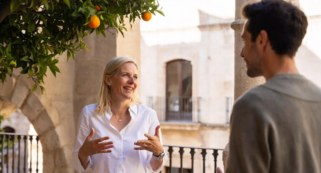 Frau und Lehrer beim Intensivkurs Spanisch Bildungsurlaub Valencia Spanien mit Orangenbaum